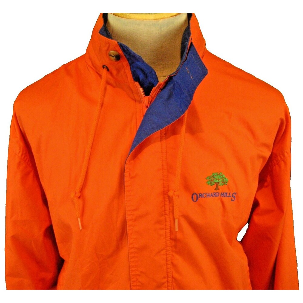 Vntg Mens Duckster Orange Hooded Windbreaker Jacket w Orchard Hills Logo sz  XL